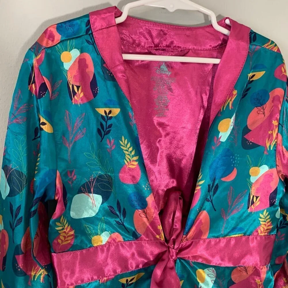 5/$25 Disney Robe Kids Size 5/6 Teal Pink Abstract‎ Floral Satin Wrap Loungewear